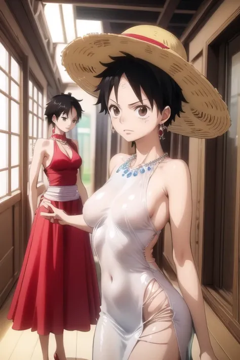 (masterpiece, best quality), beautiful face,  monkey_d_luffy, luffy female, straw hat, scar, scar under eye, genderswap, brown e...