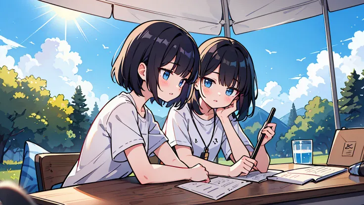 (masterpiece, best quality),2 18 year old women, black hair,golden bob, different faces, Camping,outdoors, short sleeve, chapped lips, cloud, black hair, sunlight, casual attire, angel, whole body, from the side, Camping장에서, study at desk,My eyes are on th...