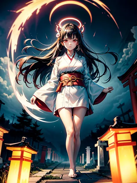 Highest Resolution,Highest quality,A beautiful girl with no expression in a white kimono,(((No legs))),Floating in the air,Very beautiful red eyes,Black Hair,Halo,thunderstorm,Bad weather,Japanese Cemeteries,A road lined with gravestones,Red Torii Gate,Com...