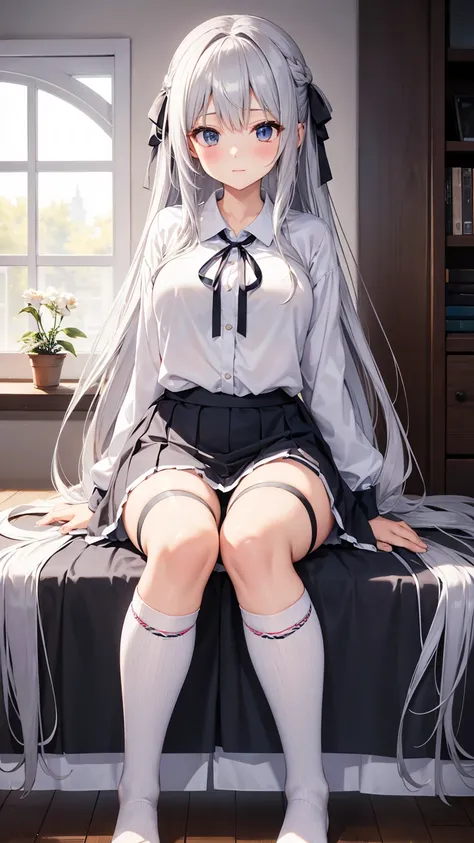 Beauty、Long silver hair、Huge 、shirt、ribbon、mini skirt、Knee-high socks、Absolute area、thigh