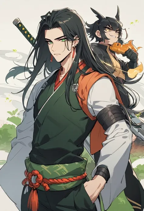 Rogue, 1male, use dragger, fasionlonghair, handsome , blackhairhightlightgreen, japan style, coolman, fantasy, earing, 21 yearold,thin, kind,