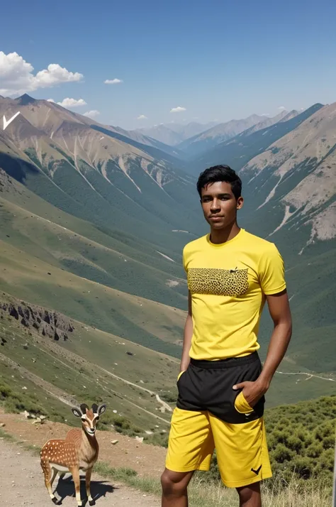 He has black hair, brown eyes, a green t-shirt and black shorts. A gazelle with yellow spots on black is standing next to him. It is sunny and they are in a mountainous area. 