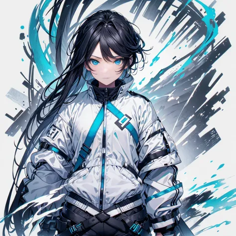 (Tabletop:1.2, Highest quality),  [One Girl, Expressionless, Turquoise Eyes, Black Hair, Half Shortcut,White jacket,The jacket comes off, ,Upper Body]  (Gray white background:1.2),