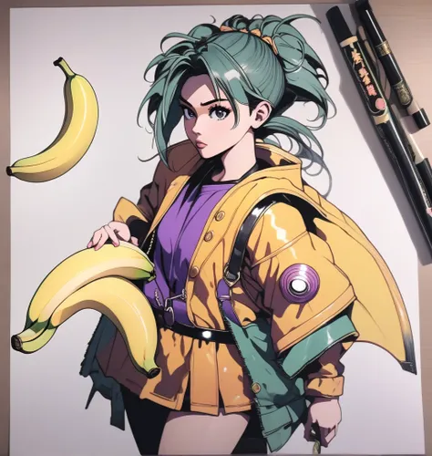 a drawing of a woman with a banana in her hand, saiyan girl, toriyama akira, akira toriyama style, female goku, anime style, ins...