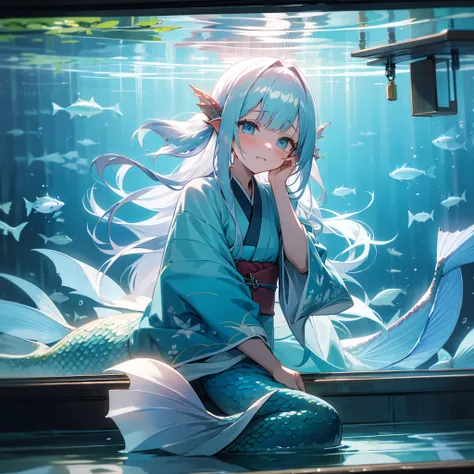 Long white hair,1girl,Mermaid,kimono,handcuffs,trapped in fishtanks,crying face,girls looking at mermaid ,out side of fish tank,