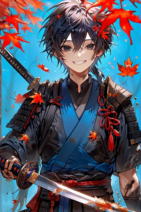 Ronin, Dirty, Boy, Two sword, black eyes, black samurai hair, ragged body, Deep blue Torn clothes, Smile, Maple leaf background.