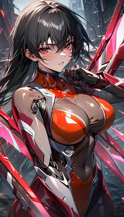 adult girl, long black hair, red eyes, cyborg, very tight transparent batllesuit, cyber blades on hands, transparent elements, m...