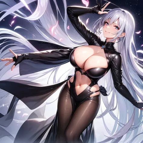 １Mature women、STAR、Asuna、Silver Hair、makeup、Big Breasts。
Smiling expression。Bending pose。
Dress Costume、Black Suit、Glossy clothing。Glossy Skin。Moonlight。High angle。
bloom effect。super high quality。Ultra-high resolution。