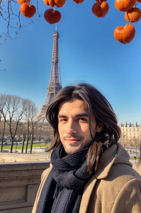 Photorealsitic, 8K full body portrait, a handsome, a 25-year-old man, A charming expression, detailed face details, Paris cty, Winters, Eiffel Tower in the background