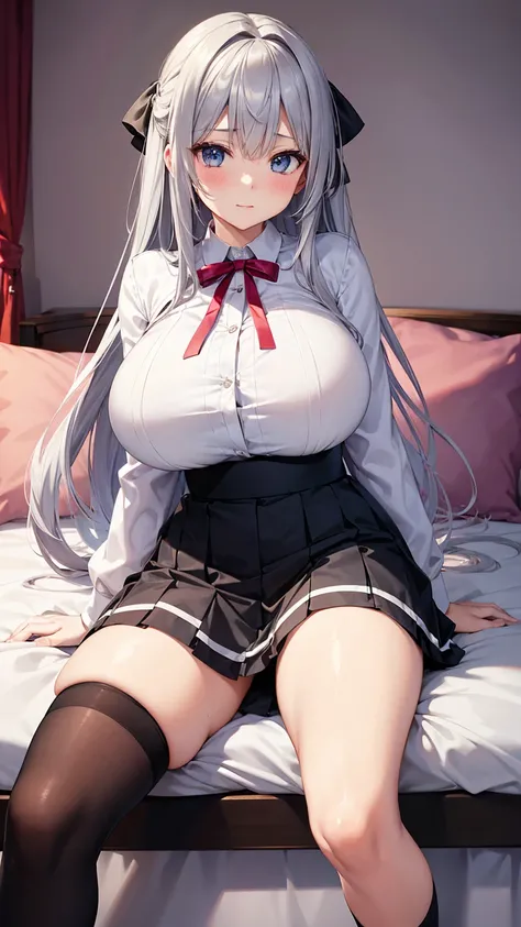 Adult Beauty、Long silver hair、Huge Tits、shirt、ribbon、mini skirt、Knee-high socks、Absolute area、Love hotel room