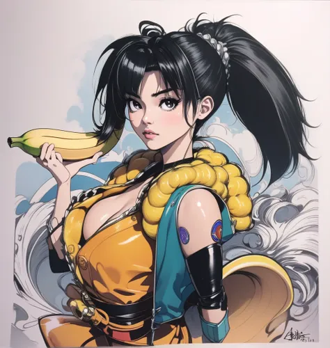 a drawing of a woman with a banana in her hand, saiyan girl, toriyama akira, akira toriyama style, female goku, anime style, inspired by Akira Toriyama, dragon ball character, akiri toriyama, anime style character, dragon ball style, nico robin, girl of th...