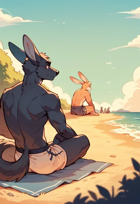 Create the silhouette of two anthropomorphic animals, a man rabbit and a man wolf, back sitting on the beach sand watching the sunset