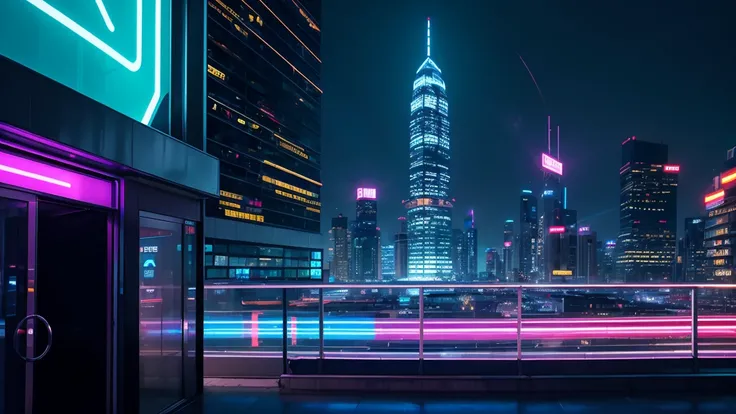 Modern city at night，Neon lights，Skyscraper，Futuristic architecture，glowing windows，Rainy Street，反射light的水坑，warm atmosphere，Film composition，(Best quality，4K，8k，High-rise，masterpiece:1.2)，Ultra Detailed，(realism，Photorealism，Photorealism:1.37)，light，Dramat...