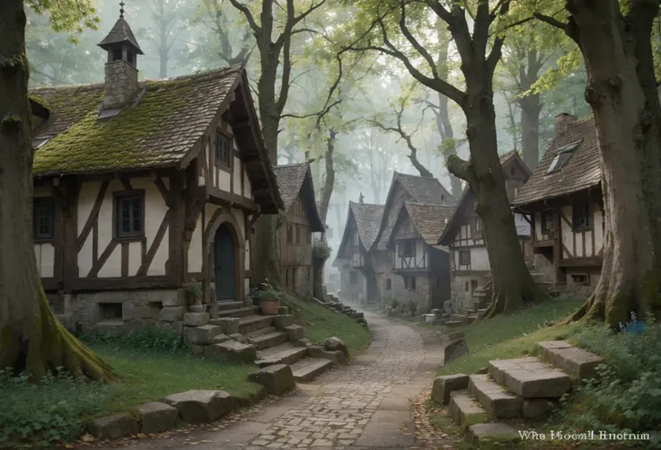 
- Medieval town in the middle of the forest - Houses made of hewn stone and wood, harmoniously between many trees - streets and alleys run like a spider&#39;s web, inhabited by people - Some roofs covered with moss, Ivy climbs up the walls - cobblestone s...