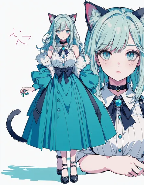 bell collar, full body, ((masterpiece, best quality:1.5)), ((Beautiful detailed cat aqua eyes:1.2)), cat ears, pale skin, medium breasts, beautiful hands, beautiful fingers, EasyNegative