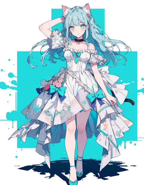 bell collar, full body, ((masterpiece, best quality:1.5)), ((Beautiful detailed cat aqua eyes:1.2)), cat ears, pale skin, medium breasts, beautiful hands, beautiful fingers, EasyNegative