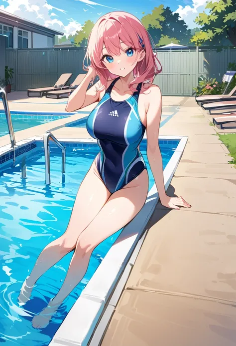 Girl in competitive swimsuit、whole body、beautiful,Outdoor,Pool,Shortcuts、blue eyes、Tempting