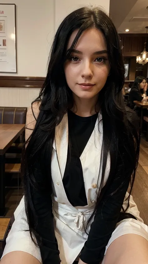 British lady with long black hair sitting at the restaurant in London 