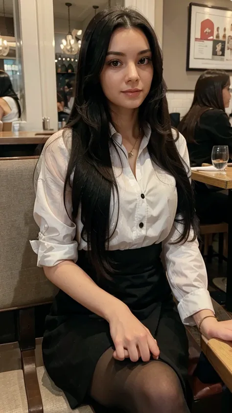 British lady with long black hair sitting at the restaurant in London 