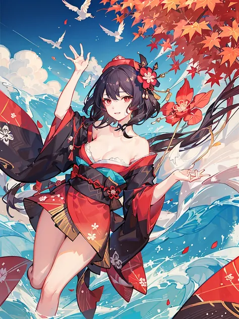 {{{Ukiyo-e_style}}},{{flat_style}},{simple_colors},{{{masterpiece}}},{katsushika_hokusai},long_hair,hair_flower,{{black_hair}},red_eyes,red_sky,{chinoiserie},{{{best_quality}}},kimono,{{ultra-detailed}},{illustration},Maple_leaves_flying,{{1girl}},{{{solo}...