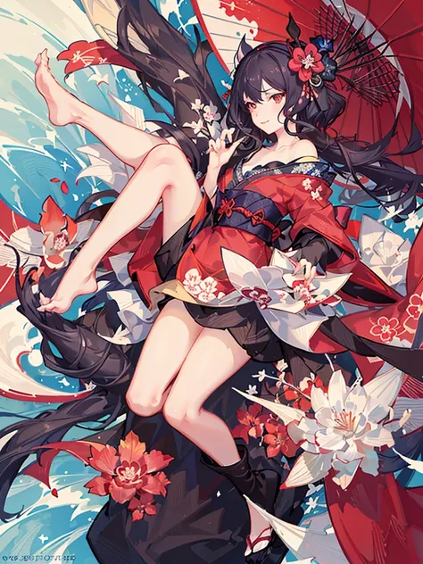 {{{Ukiyo-e_style}}},{{flat_style}},{simple_colors},{{{masterpiece}}},{katsushika_hokusai},long_hair,hair_flower,{{black_hair}},red_eyes,red_sky,{chinoiserie},{{{best_quality}}},kimono,{{ultra-detailed}},{illustration},Maple_leaves_flying,{{1girl}},{{{solo}...