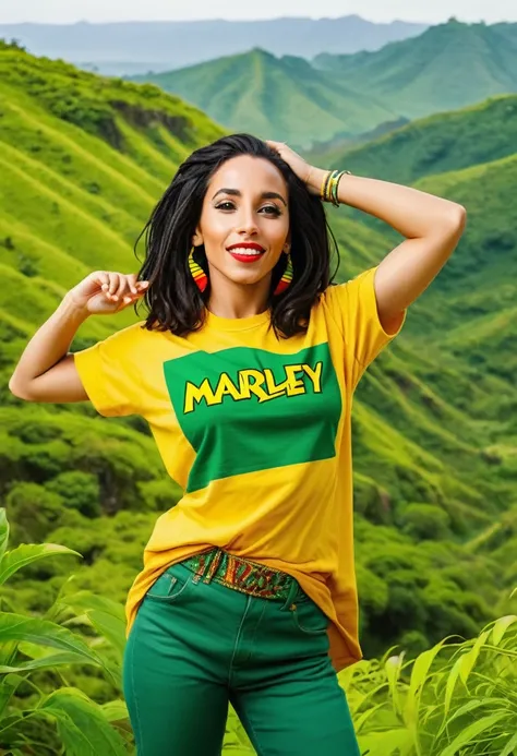 Extroverted woman in reggae style clothes, brunette black hair and black eyes with green landscape background, yellow and red, bob marley t-shirt