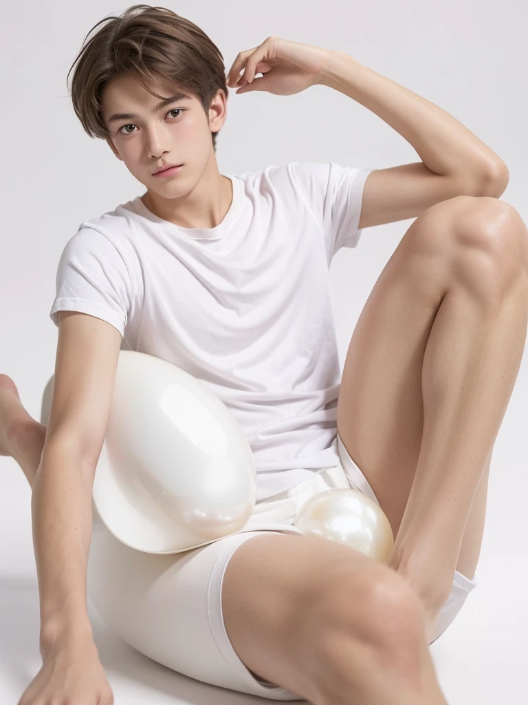 Simple white background，A male teenager sits sideways on a huge pearl