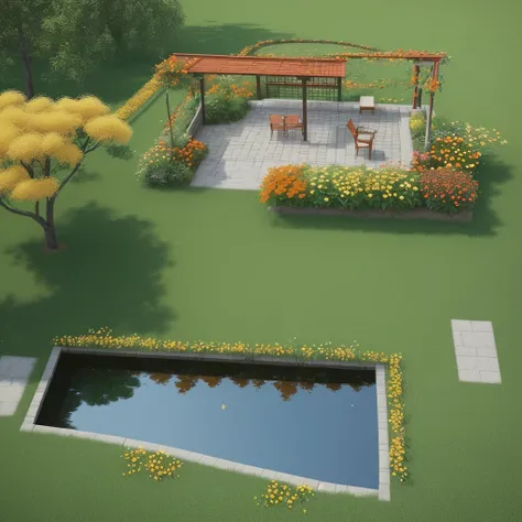 Help me create a landscaping project, being a little square seen from above, com plantas, a wooden pergola, small lake, yellow flowers, orange flowers, red flowers, ((真实感))((precision))((rendering))