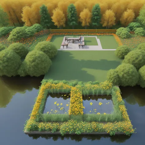 Help me create a landscaping project, being a little square seen from above, com plantas, a wooden pergola, small lake, yellow flowers, orange flowers, red flowers, ((真实感))((precision))((rendering))