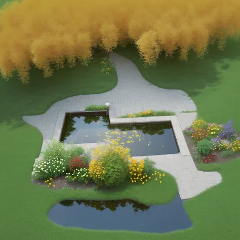 Help me create a landscaping project, being a little square seen from above, com plantas, a wooden pergola, small lake, yellow flowers, orange flowers, red flowers, ((真实感))((precision))((rendering))