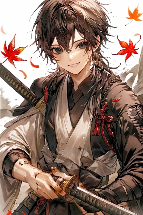 Ronin, Dirty, Boy, Two sword, black eyes, black samurai long unkempt hair, ragged body, gray- white Torn clothes, Smile, Maple leaf background.