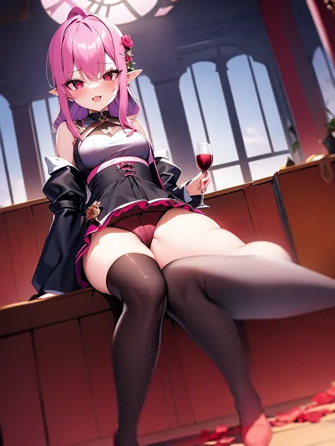 1girl, alcohol, cup, detached sleeves, drinking glass, flower, pink hair, pointy ears, purple flower, purple rose, red eyes, red flower, red rose, rose, rose petals, sitting, solo, thighhighs, vampire, wine glass, miniskirt, dress, เขี้ยวยาว, นั่งกางขา, กา...