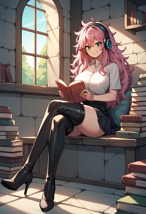 score_9, score_8_up, score_7_up, score_6_up, score_5_up, score_4_up, source_anime, 1girl, sit, headphones, pink hair, long hair, big breasts, green eyes, smile, messy hair, reading books, wardrobe, crossed legs, white shirt, skirt, black thigh high boots, ...