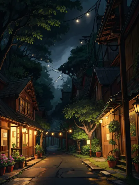 super wide perspective, string lights, hanging pots, ghibli anime scene, coffee shop in the woods, moody weather, under a big banyan tree, street light, poles and wires, tropical leafy plant pots, menu board, sign board, long grass with wild flowers, in th...