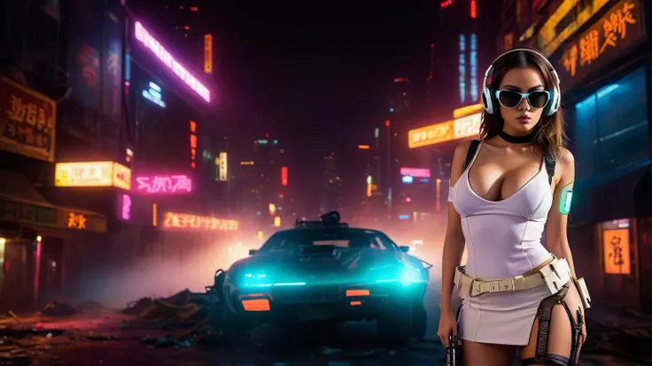 dark futuristic landscape, at night, neon lights, Atmospheric fog, large buildings in the background, futuristic city, streets with open shops, skyscraper (postapocalyptic city:1.3). (((1girl, solo, alone))), large-breast:1.2 slim body, cleavage:1.1, sexy ...