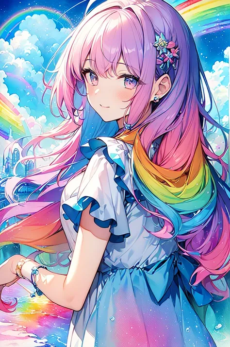 (masterpiece, Highest quality, Highest quality,watercolor (Moderate),Official Art, beautifully、beautiful:1.2),(1 girl:1.3), (Fractal Art:1.3),Upper Body, From the side, Looking at the audience,pattern,(Rainbow Hair,colorful hair,Half blue、Half pink hair:1....