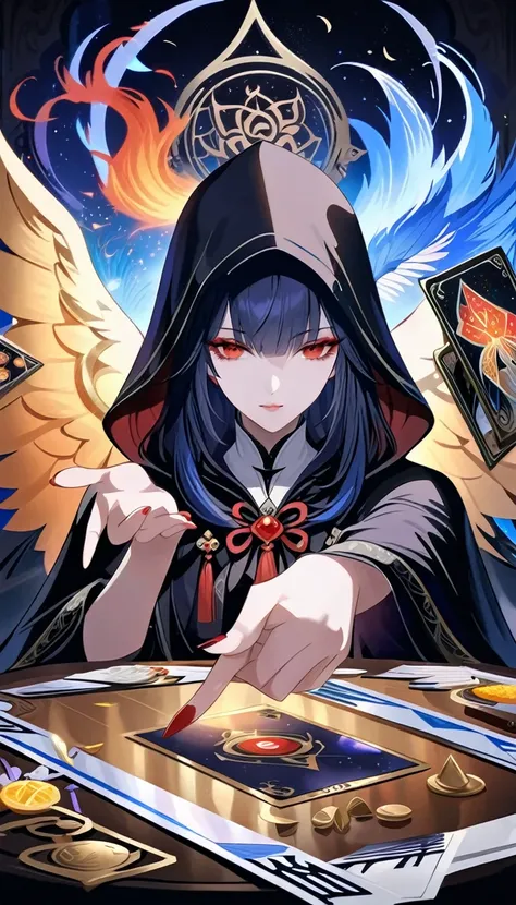 onmyoji，Metal Photo Frame，card，tarot cards：1.37.A mysterious hooded fortune teller，Finger taps an array of tarot cards in the air，Mystical symbols and elements，Ancient and mysterious atmosphere，Realistic illustrations and intricate details，Vibrant and ener...