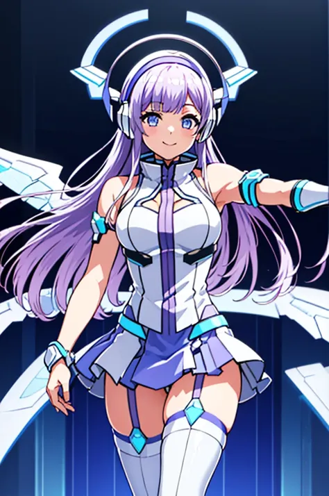 Mecha Wings、White and blue skirt、Accentuated thighs、White tights、chest、Beautiful light purple hair、1 girl、solo girl、Thick thighs、is、Frame Arms Girl、Alice Gere Aegis、White Armor、Blue and purple lines、income、headphone、hand on own chest、smile