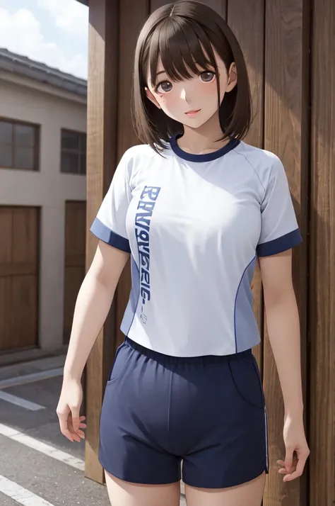 masterpiece, best quality, highres, aanene, short hair, buruma,gym uniform, standing, cowboy shot, outdoors, ahegao,nsfw,