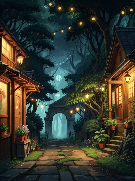 super wide perspective, string lights, hanging pots, ghibli anime scene, coffee shop in the woods, moody weather, leaves falling from tree, light bubble around street light, under a big banyan tree, street light, poles and wires, tropical leafy plant pots,...