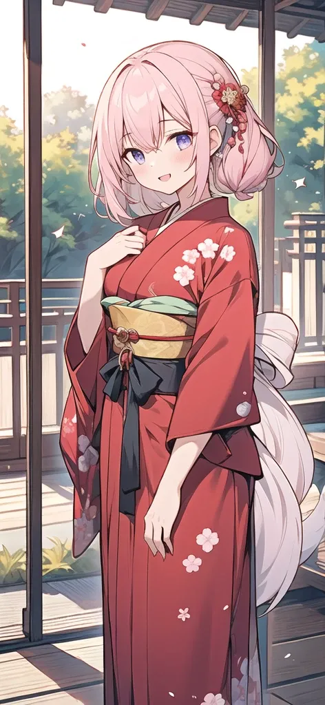 masterpiece,Highest quality,Detailed CG,
One girl,alone,mature_woman,Mature Woman,Fox,
Pink Hair,Fascinating_smile,Half-closed_eye,Close,
yukata,Red clothes,Purple clothes,
Japanese Landscape,
