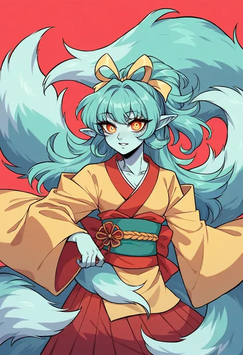 A nine-tailed fox in human form would be a mystical and enchanting figure. Your big, expressive eyes, unusual colors like amber or red, would reflect a penetrating and mysterious glow. Your long hair, smooth and shiny, would range from deep black to silver...