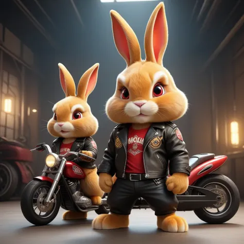 cartoon of (a tough rebellious red golden bunny dressed as a biker gang, leather jacket, Mohican:2.5), looking ahead at viewer, Symmetrical, chromatic fantasy, highy detailed, 8k, digitalpainting, oil painting, illustration, conceptual artwork, sharp focus...