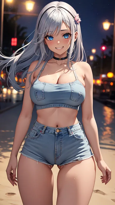 1girl, anime girl, anime, (dark skin), 2d girl, 16y, (fullbody), standing, anime girl, blue eyes, seductive grin, (silver hair), shirt, Solo, Slim, large breasts, big , big Breasts, Tight Shorts, low waist shorts, upshorts, The night beach background, city...