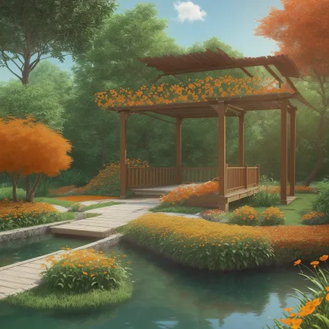 Help me create a landscaping project, being a pracinha, com plantas, wooden pergola structure, small lake, orange flowers, red flowers, ((真实感))((precision))((rendering))