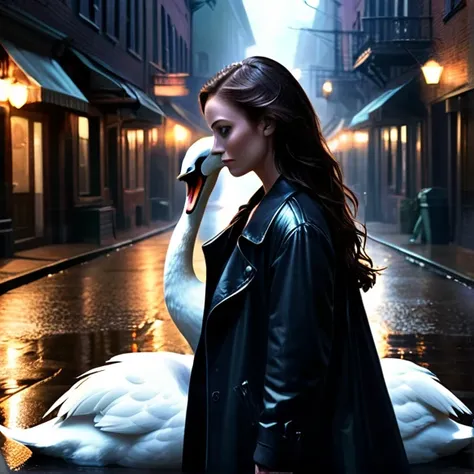 Imagine a woman with a swan head on a dark street in love supernatural 