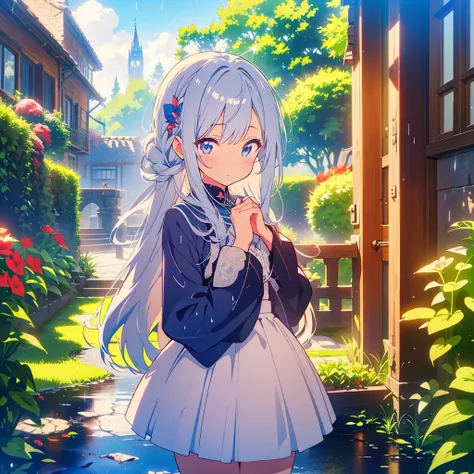 kawaii, anime, Cute, hyper quality, highly detailed, 16k, Front facing, Clarity, full body, one twenty year old woman, butler uniform, Shining long silver hair, lapis lazuli eyes, amaryllis, amaryllis flower, flower town, Draw facial expressions in detail,...