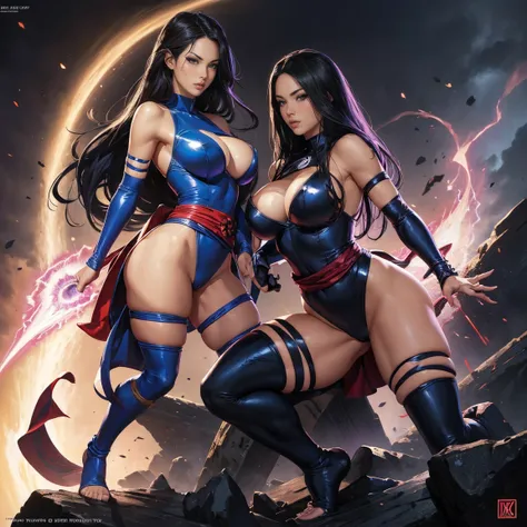 Art image of Olivia Munn as Psylocke, busty, beautiful, dark blue costume with red sash at her waist black hair, large breasts, by Louis Royo, Boris Vallejo, J. Scott Campbell, extreme focus, sharp details, sexy,  oily skin, show feet, full body