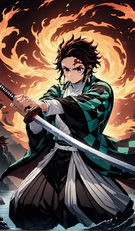 (1 male,tanjiro kamado),demon slayer,tanjiro costume,tanjiro has a sword,water and fire effects,intricate details,,decadent,artw...