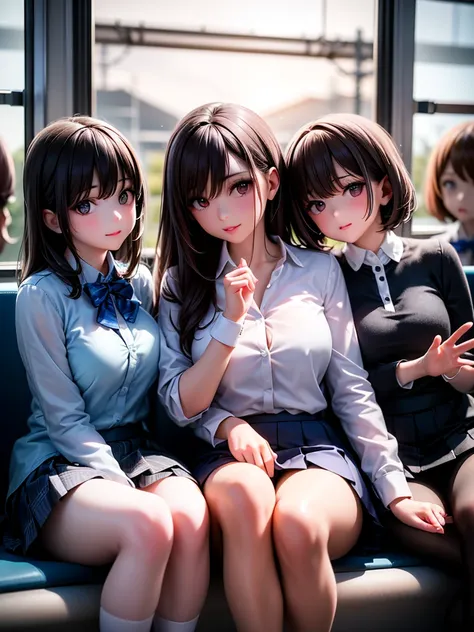 (beautiful 3girls:1.4), with long brown hair and brown eyes, looking at the viewer with a gentle smile, her bangs framing her face, wearing a white collared shirt and a pleated blue skirt, sitting on train station as the sun sets in the background, her fri...